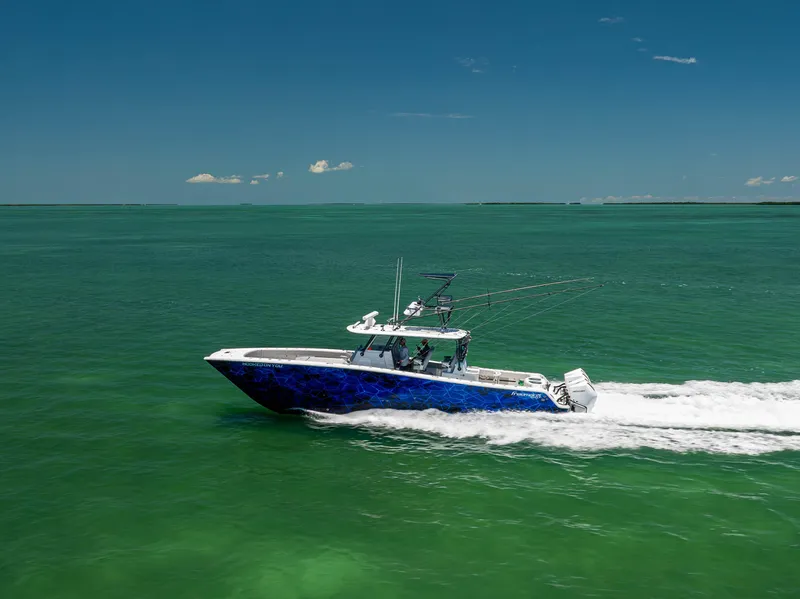 Slide: The Image of Freeman 42 LR 2021 boat cruising on clear green ocean waters under blue sky. - 11