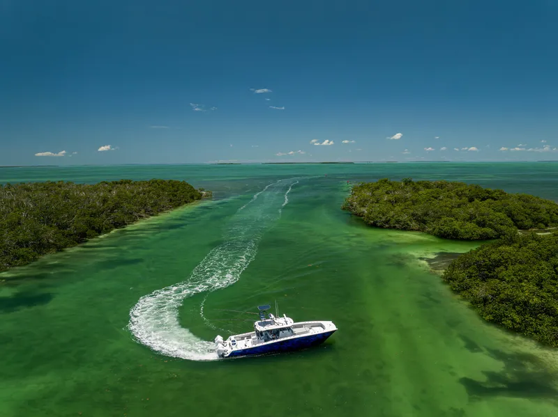 Slide: The Image of A 2021 Freeman 42 LR boat cruising through clear turquoise waters between lush green islands. - 17