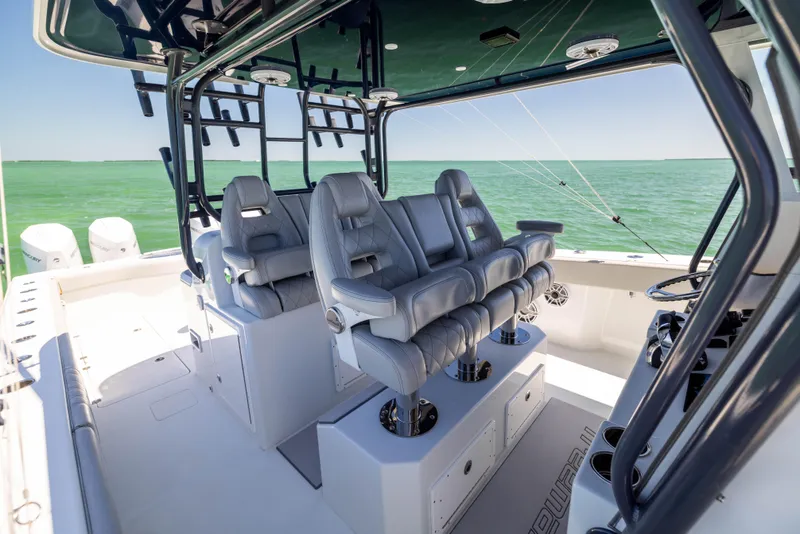 Slide: The Image of Interior of 2021 Freeman 42 LR boat with luxurious seating and ocean view. - 33