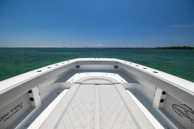 Slide: The Image of Freeman 42 LR boat deck overlooking calm ocean waters, 2021 model. - 43