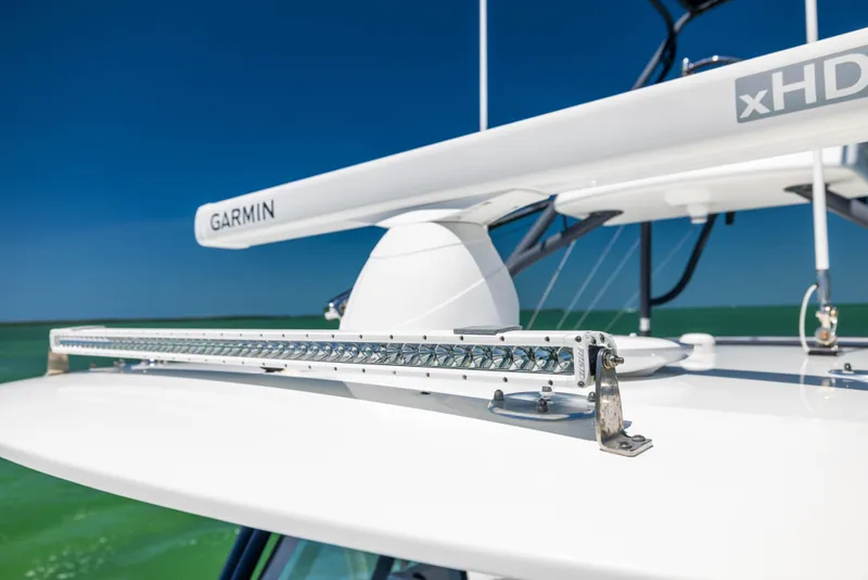 Slide: The Image of 2021 Freeman 42 LR boat with Garmin radar and light bar on the roof. - 45