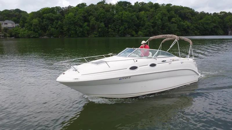 The Image of 2002 Sea Ray 240 Sundancer cruising on a serene lake with lush green trees. - 0