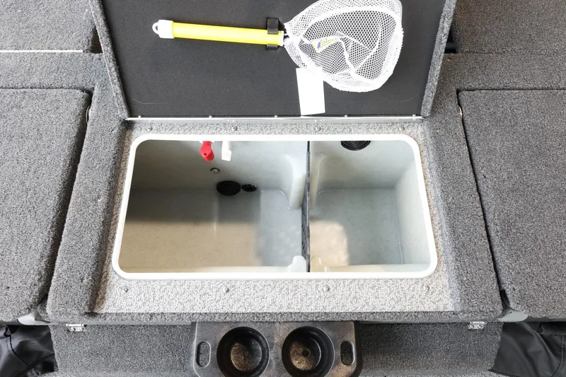 Slide: The Image of 2025 Lund 1875 Impact XS Sport boat livewell with net and cup holders. - 12