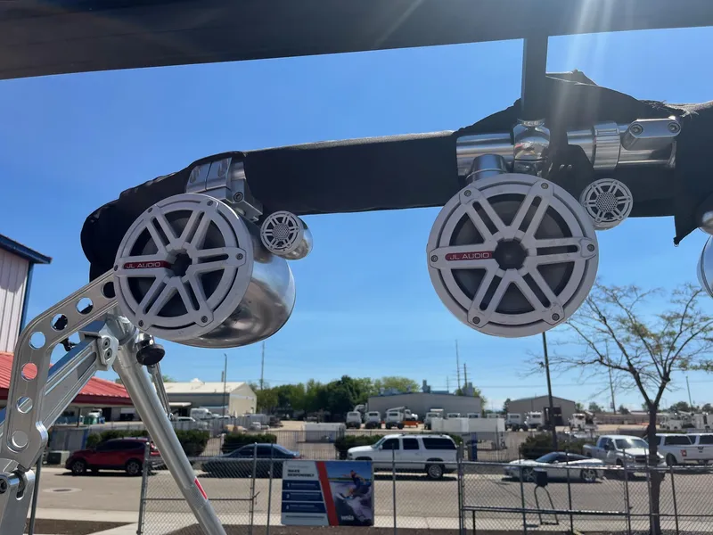 Slide: The Image of 2008 MasterCraft X35 boat with JL Audio speakers mounted on a wakeboard tower. - 35