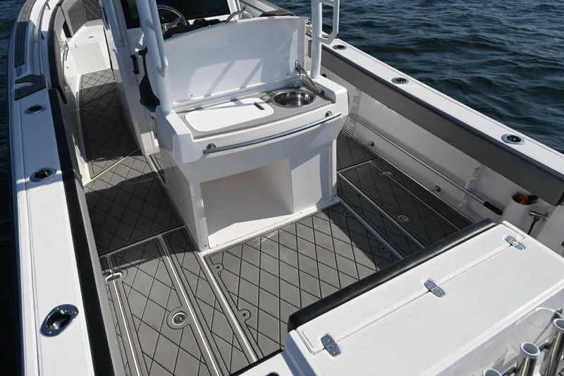Slide: The Image of 2022 Drakkar 280 CC boat interior with sleek seating and modern design. - 37