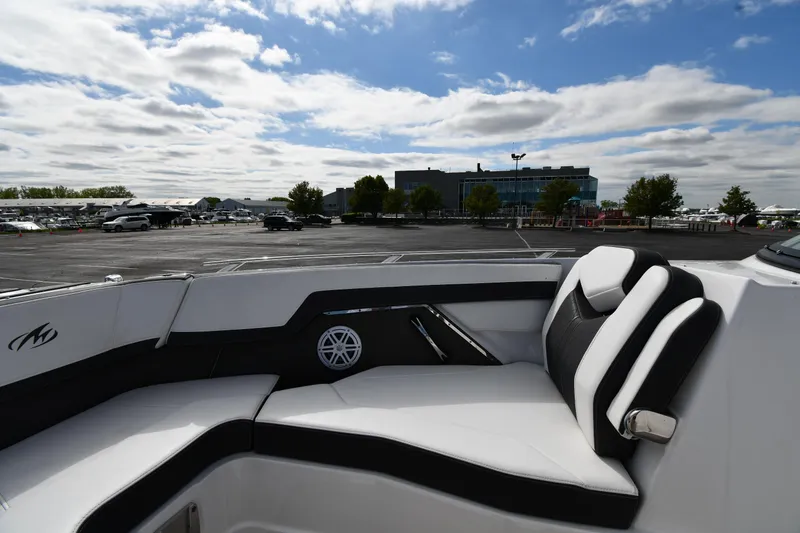 Slide: The Image of 2023 Monterey 278 Super Sport boat interior with sleek seating and modern design. - 36