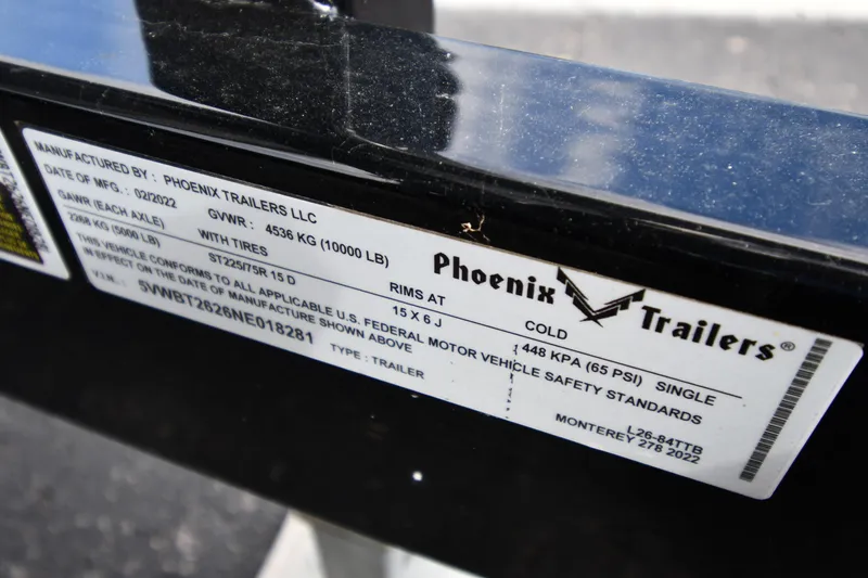 Slide: The Image of Label on Phoenix Trailers, 2023 Monterey 278 Super Sport, showing specifications and compliance details. - 8