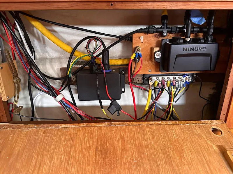 Slide: The Image of Electrical wiring and components inside a 1985 Whiting 40 boat. - 19