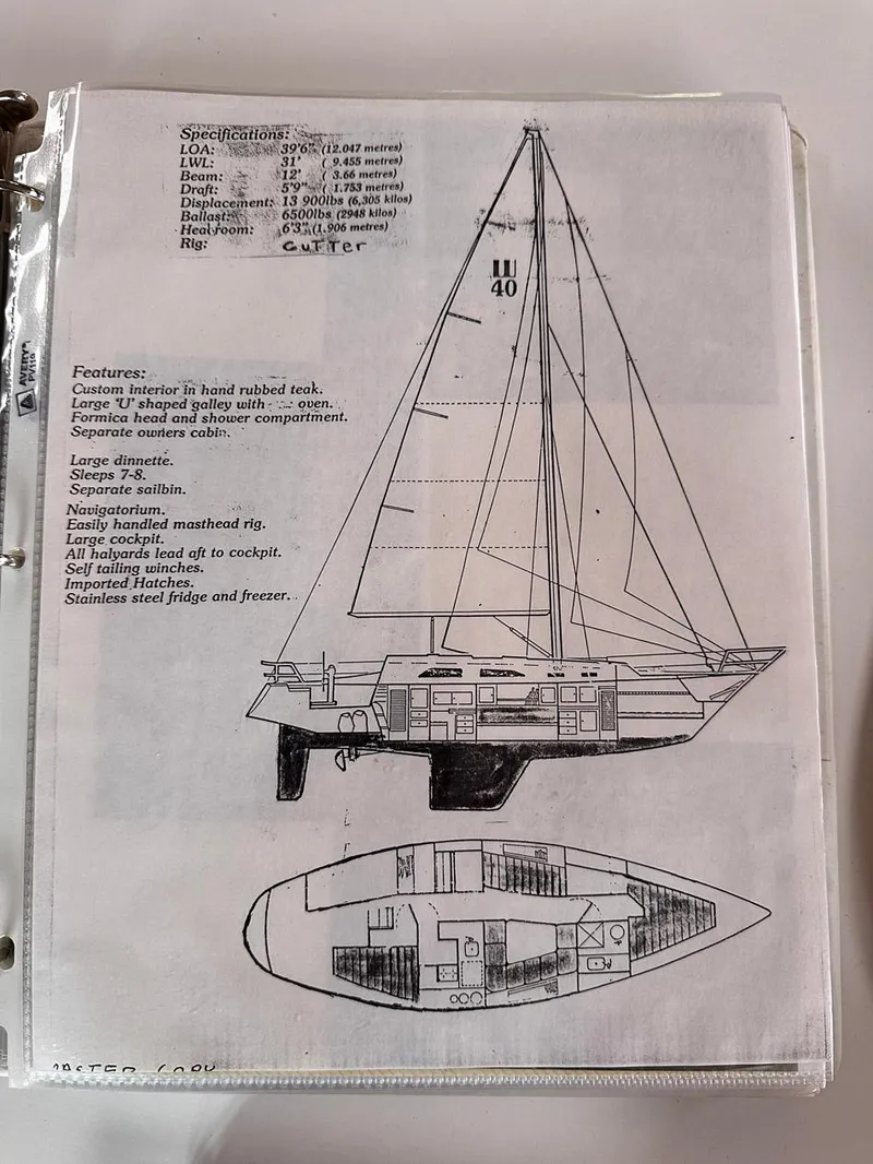 Slide: The Image of Sailboat diagram and specifications for 1985 Whiting 40 model, featuring layout and features. - 27