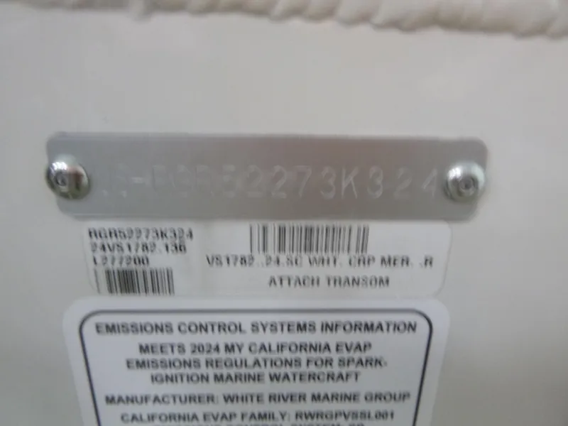 Slide: The Image of 2024 Ranger VS1782SC Angler emissions control information plate with serial number. - 14