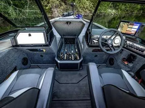 Slide: The Image of Interior of 2026 Lund 2075 IMPACT XS boat with modern dashboard and seating. - 15