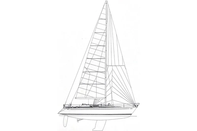 Slide: The Image of Line drawing of a 1992 Nautor Swan 44 sailboat, showcasing its sleek design and sail configuration. - 12