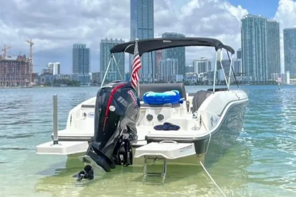 The Image of 2022 Bayliner DX2000 boat in clear water with city skyline background. - 0