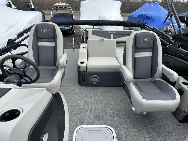 Slide: The Image of 2025 Barletta Boats C20UC interior with gray seating and modern design. - 16