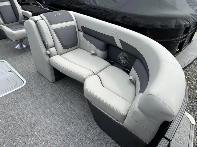 Slide: The Image of 2025 Barletta Boats C20UC interior with luxurious gray seating and modern design. - 19