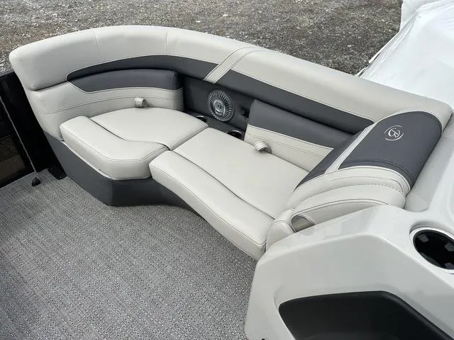 Slide: The Image of Luxurious seating on 2025 Barletta Boats C20UC, featuring elegant gray upholstery and modern design. - 22