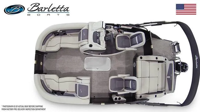 Slide: The Image of 2025 Barletta Boats C20UC pontoon interior, top view, showcasing seating and helm layout. - 49
