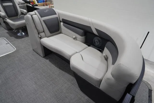 Slide: The Image of 2025 Barletta Boats C22QC interior seating with gray upholstery and modern design. - 15