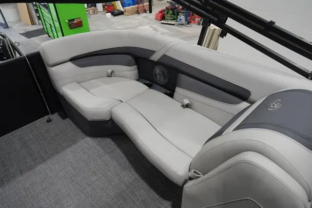 Slide: The Image of 2025 Barletta Boats C22QC interior seating with gray upholstery and modern design. - 33