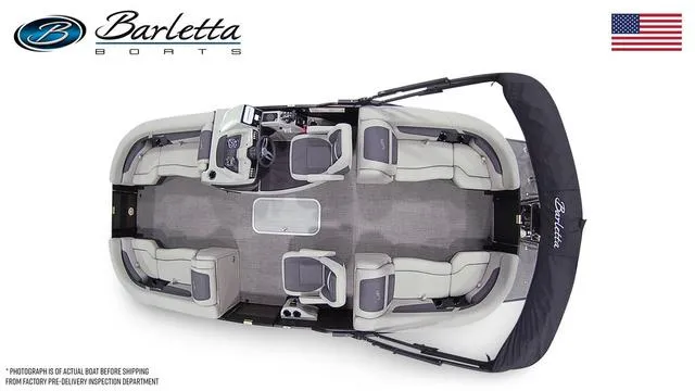 Slide: The Image of 2025 Barletta Boats C22QC pontoon interior, top view, showcasing seating and helm layout. - 48