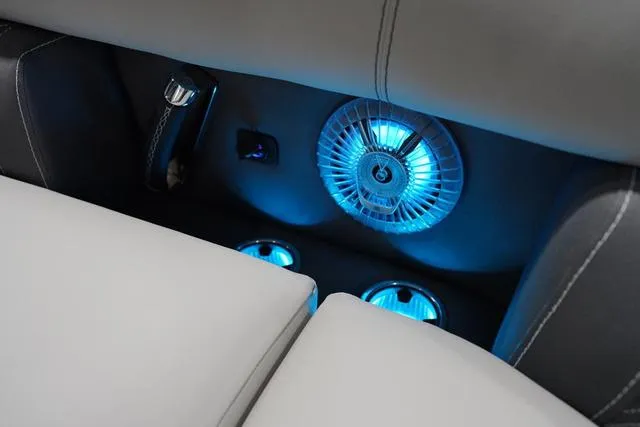 Slide: The Image of Luxurious Barletta L23M boat interior with blue LED lighting, 2025 model. - 22