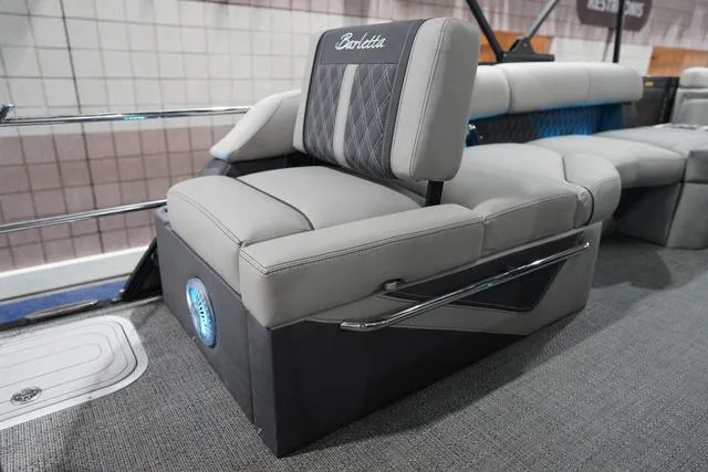 Slide: The Image of 2025 Barletta L23M boat seat with gray upholstery and sleek design. - 35