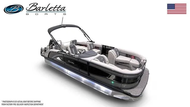 Slide: The Image of 2025 Barletta Boats L23M pontoon with sleek design and modern features, displayed with American flag. - 47