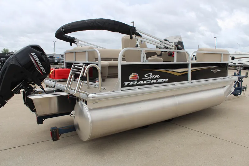 Slide: The Image of 2025 Sun Tracker Party Barge 16 DLX pontoon boat with Mercury outboard motor. - 3