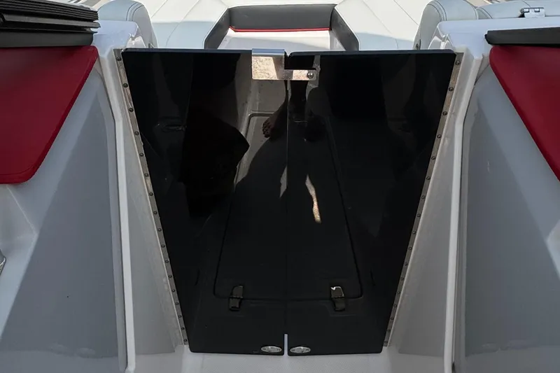 Slide: The Image of 2020 Regal LS2 Surf boat with sleek black cabin doors and red accents. - 21