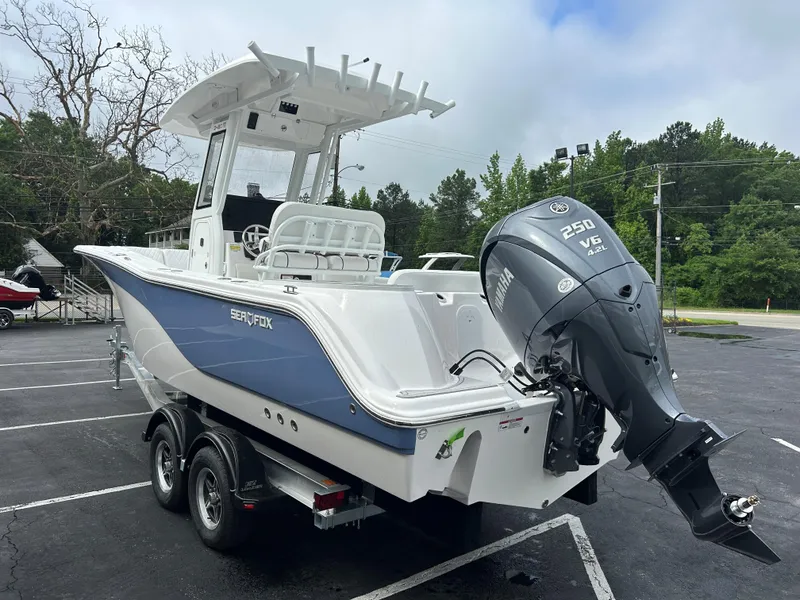 Slide: The Image of 2025 Sea Fox 248 Commander boat with Yamaha 250 V6 engine on a trailer. - 4