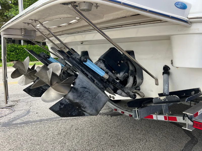 Slide: The Image of 2004 Formula 27 PC boat with dual propellers on a trailer, rear view. - 39