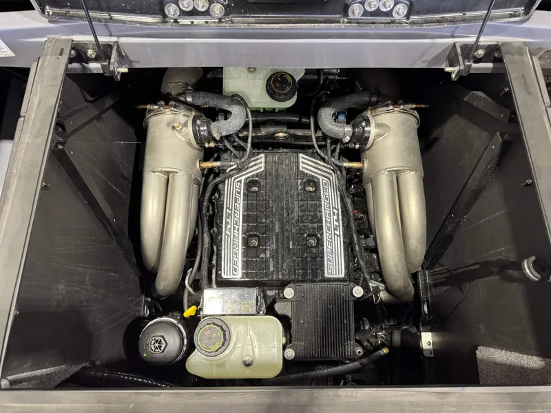 Slide: The Image of Engine of 2023 Malibu Wakesetter 26 LSV, showcasing supercharged components and detailed engineering. - 28