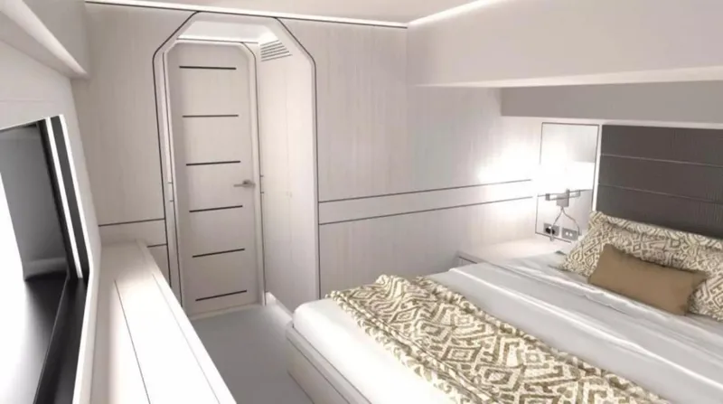 Slide: The Image of Luxurious cabin interior of 2026 McConaghy MC63P Offshore yacht, featuring modern design and cozy bedding. - 27