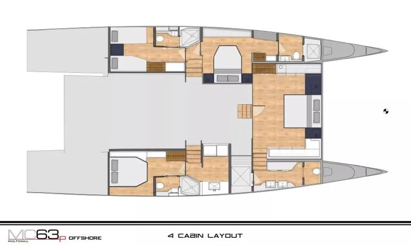 Slide: The Image of Floor plan of 2026 McConaghy MC63P Offshore yacht, featuring a four-cabin layout. - 30