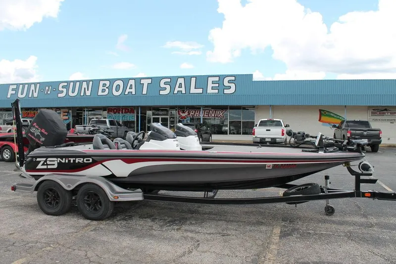 Slide: The Image of 2012 Nitro Z-9 boat on trailer at Fun-N-Sun Boat Sales dealership. - 1
