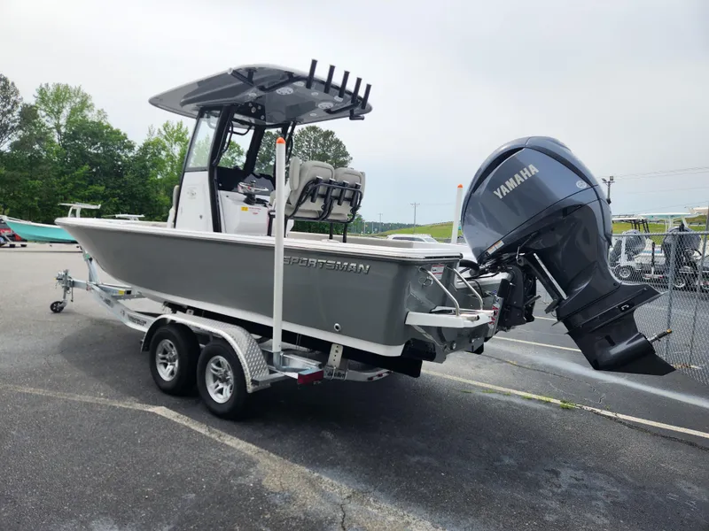 Slide: The Image of 2025 Sportsman Masters 247OE Bay Boat on trailer with Yamaha outboard motor. - 5