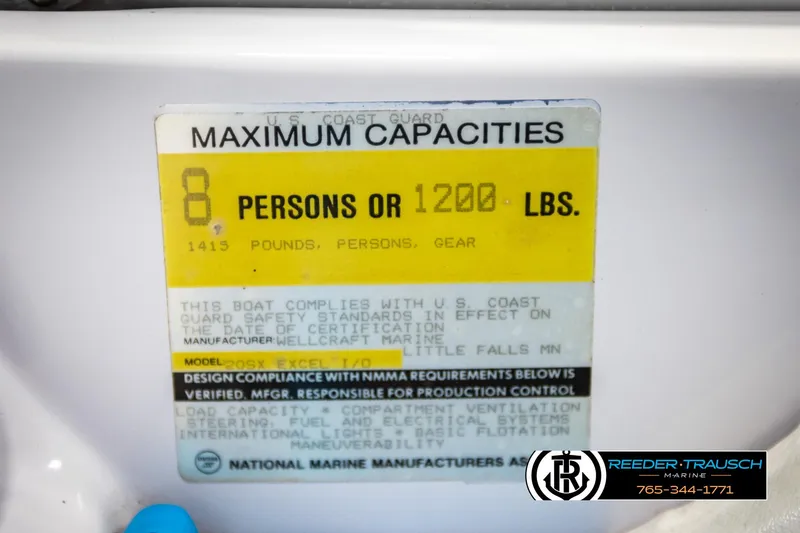 Slide: The Image of 1993 Excel 20SX capacity label: 8 persons or 1200 lbs, U.S. Coast Guard compliant. - 48