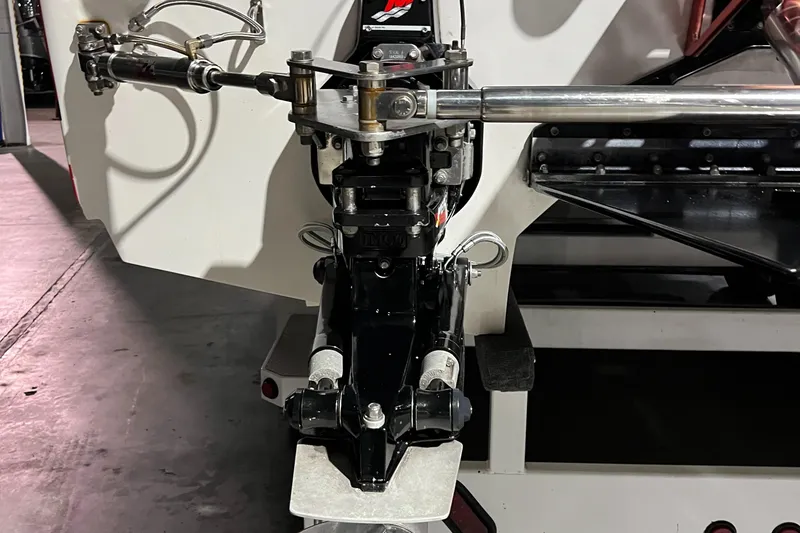 Slide: The Image of Close-up of 2004 Spectre 36 Cat boat's steering mechanism and hydraulic system. - 25