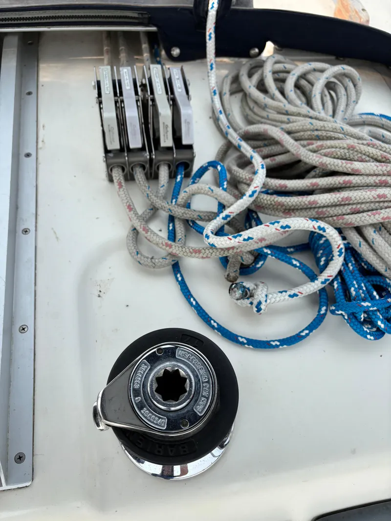 Slide: The Image of Sailboat deck with winch and ropes, Hunter 33.5, 1990 model. - 31