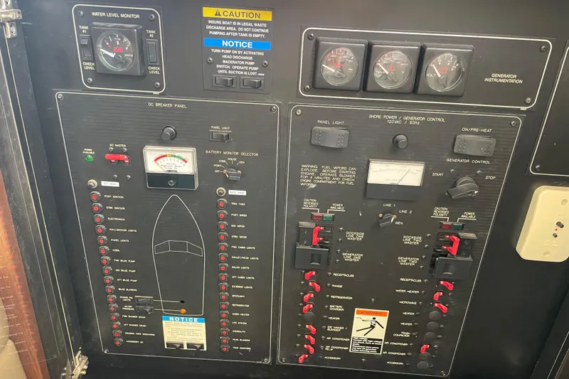 Slide: The Image of Electrical control panel of 1998 Bayliner 4087 Aft Cabin Motoryacht with gauges and switches. - 39