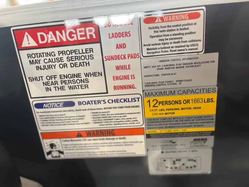 Slide: The Image of Safety warnings and capacity limits on a 2025 Bennington 22SXSAPG boat. - 17