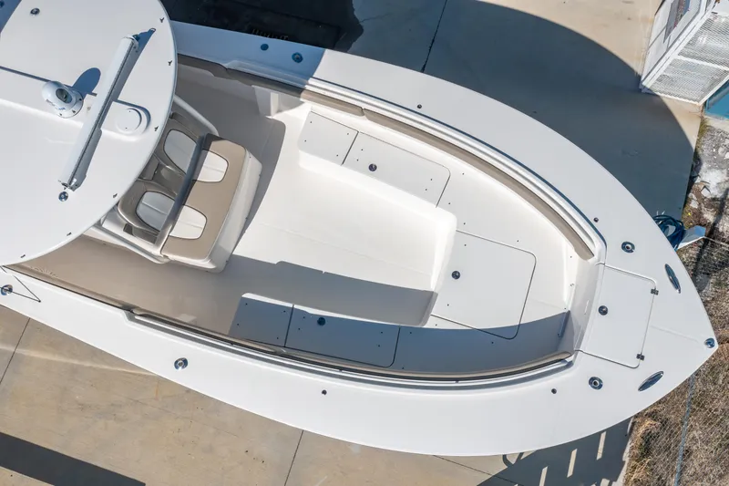 Slide: The Image of 2019 Regulator 34 boat, aerial view of spacious deck and seating area. - 28
