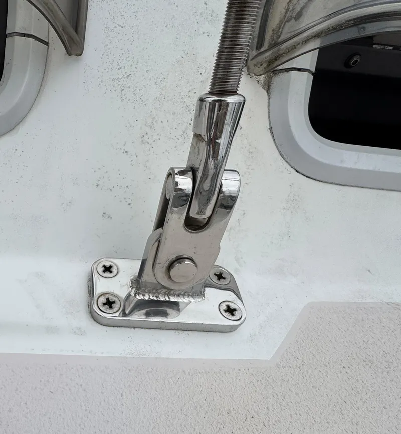 Slide: The Image of Close-up of a Catalina 400 sailboat's stainless steel rigging component, 1995 model. - 33