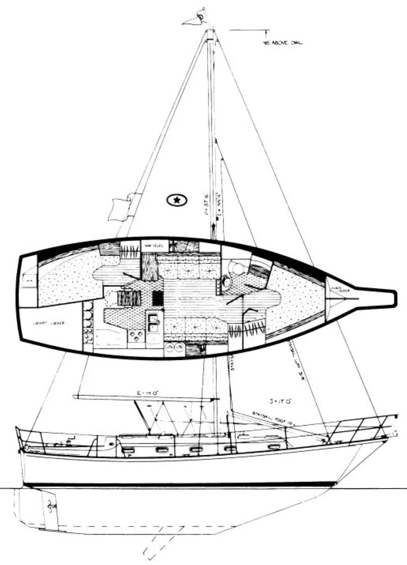 Slide: The Image of Sailboat blueprint of 1990 Island Packet 35, showcasing interior layout and side profile. - 31