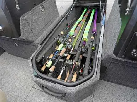 Slide: The Image of Fishing rod storage in 2026 Lund 2075 Pro V Sport boat, showcasing organized gear. - 4