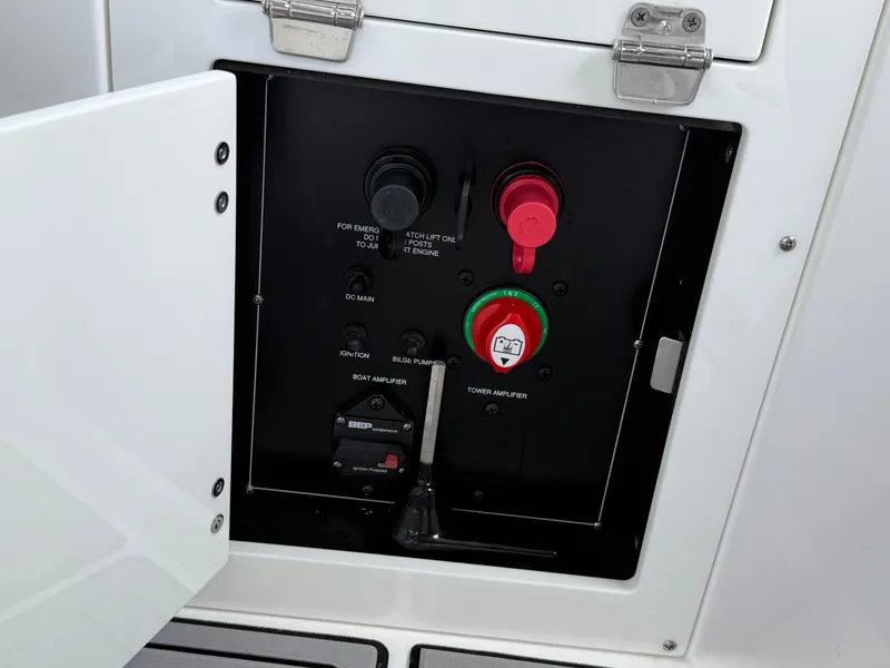 Slide: The Image of Control panel of a 2019 Monterey MX6 SURF boat with switches and indicators. - 45