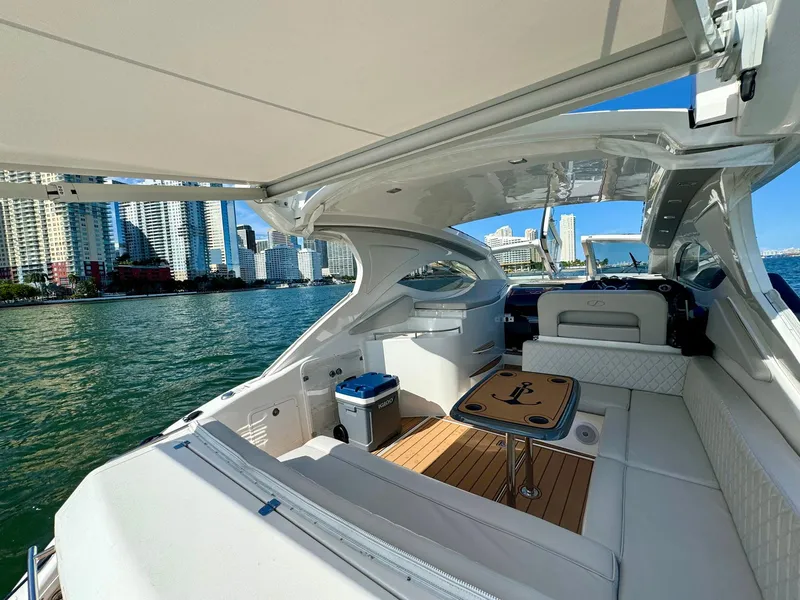 Slide: The Image of Luxurious 2023 Schaefer 375 yacht interior with city skyline view. - 29