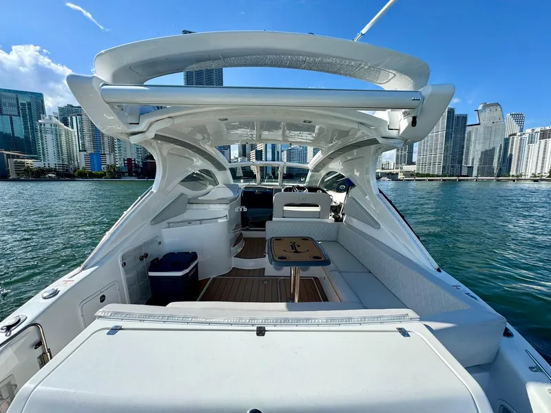Slide: The Image of Luxury Schaefer 375 yacht interior with city skyline, 2023 model. - 30