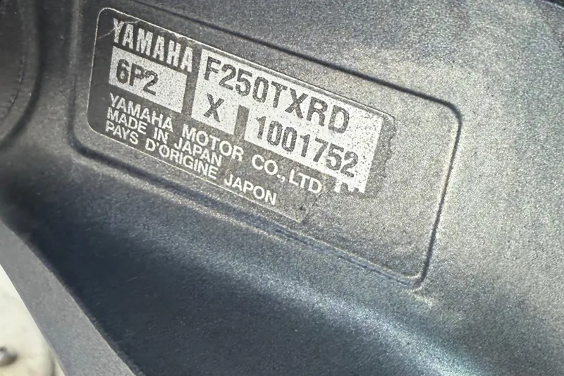 Slide: The Image of Yamaha F250TXRD engine label on 1993 Grady-White Explorer 24 boat, made in Japan. - 34