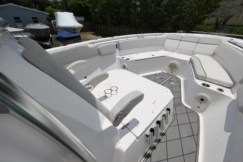 Slide: The Image of 2020 Sea Fox 328 Commander boat interior with seating and storage compartments. - 19
